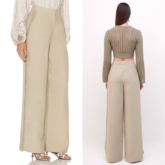 JONATHAN SIMKHAI Khaki Sage Linen High Rise Wide Leg Crochet Trim Trousers 10 - Picture 3 of 11
